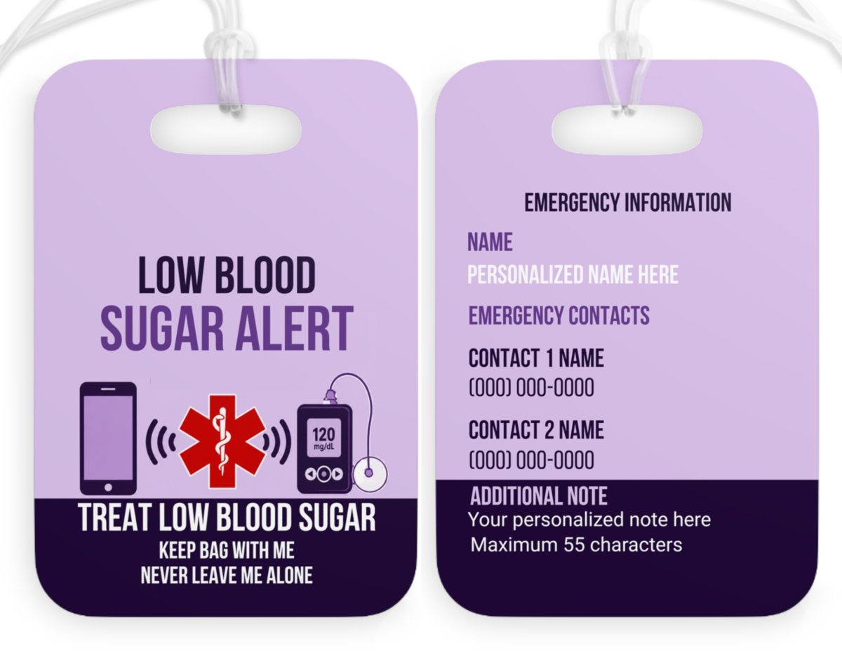 Purple Low Blood Sugar Alert bag tag, front and back with emergency contact info