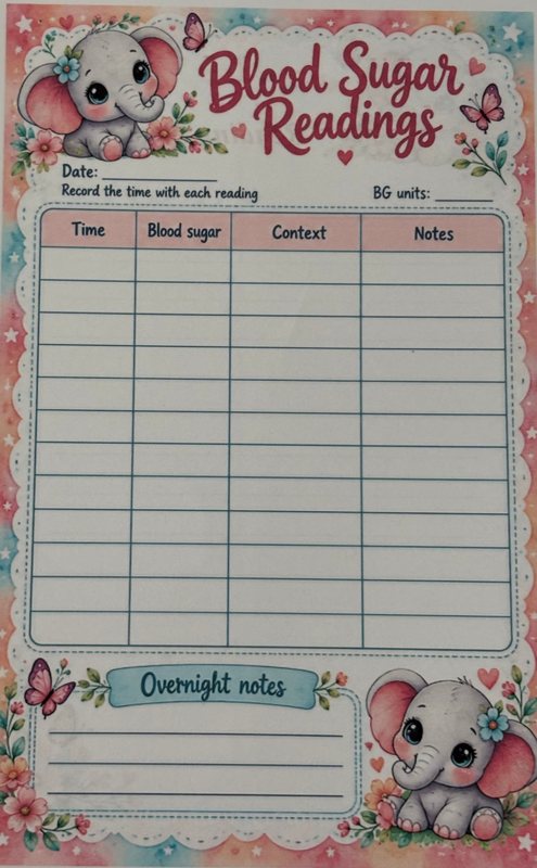 Blood Sugar Readings log page with overnight notes