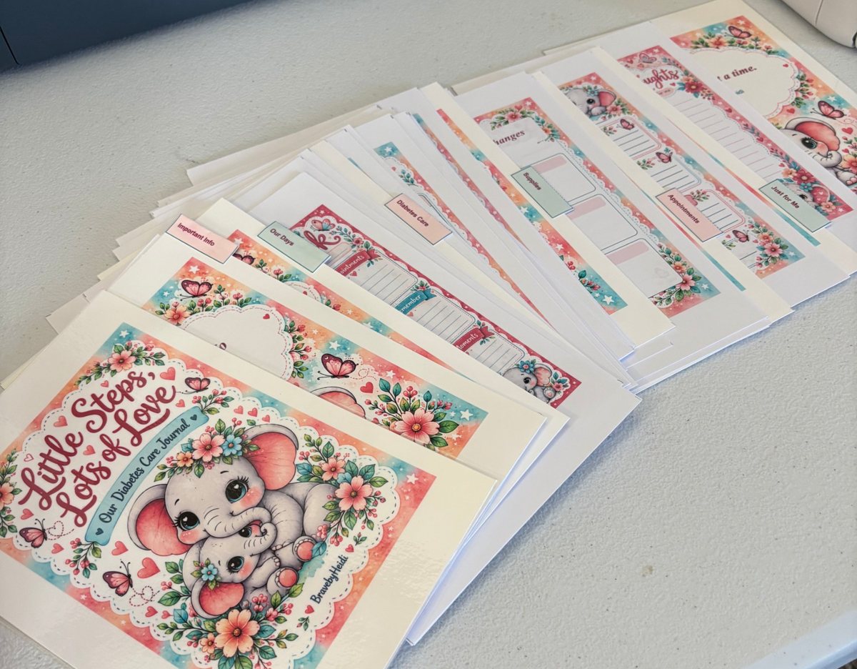 Little Steps, Lots of Love diabetes care journal pages with tabbed sections