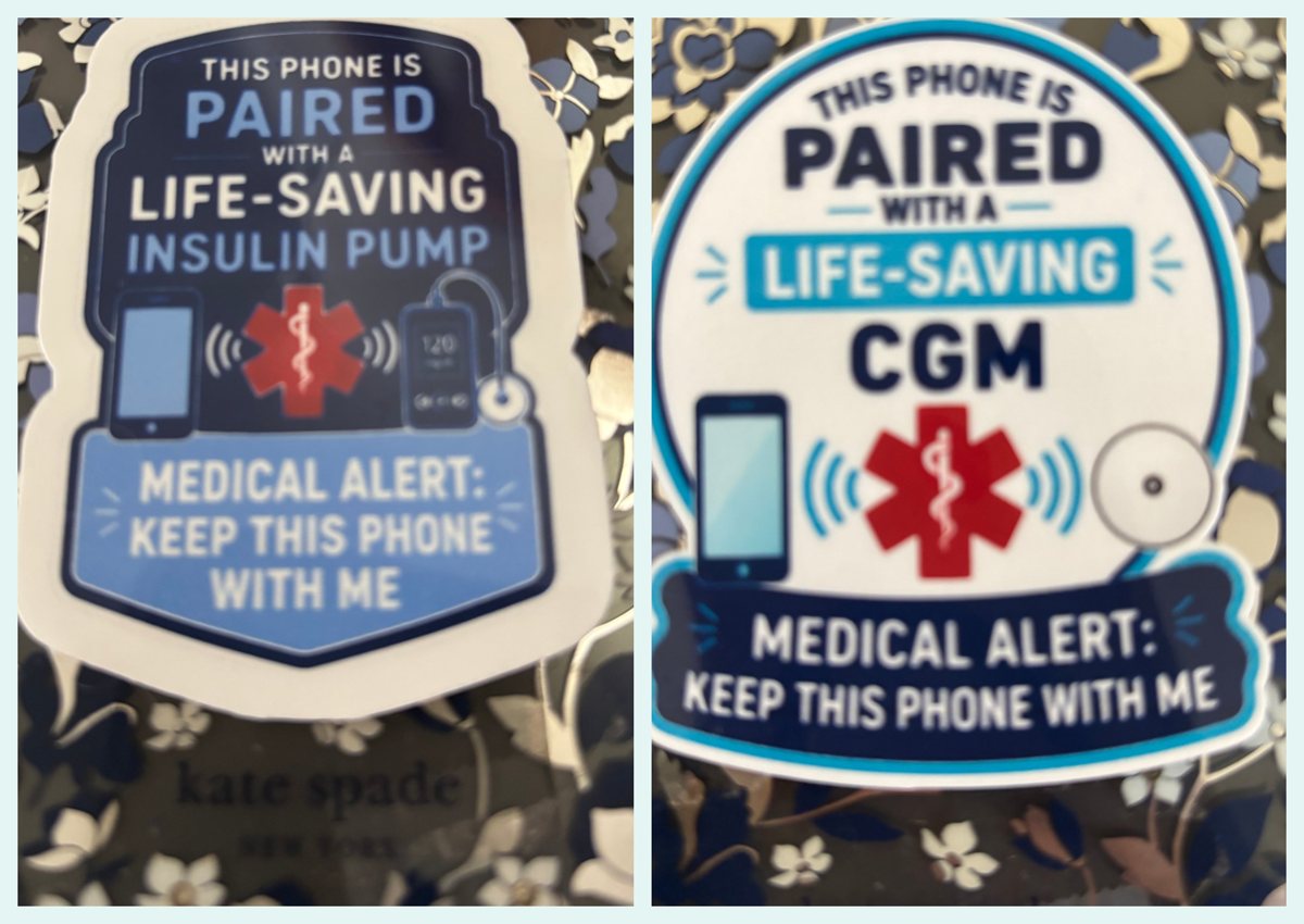 Insulin pump and CGM medical alert stickers on the back of a phone